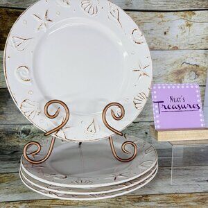 Thomson Pottery HAMPTON Seashells Embossed  Rustic Off White Dinner Plates Set 4